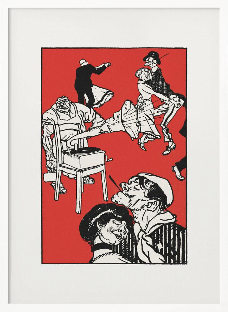 A vintage-style black and white illustration on a bright red background depicting a chaotic and lively dance scene. Several couples dance with exaggerated, energetic movements. In the foreground, a sailor with a cigarette gets close to a woman, and to the left, a large, muscular man operates a record player that is sitting on a chair. Wall Art