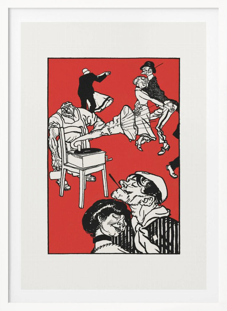 A vintage-style black and white illustration on a bright red background depicting a chaotic and lively dance scene. Several couples dance with exaggerated, energetic movements. In the foreground, a sailor with a cigarette gets close to a woman, and to the left, a large, muscular man operates a record player that is sitting on a chair. Wall Art