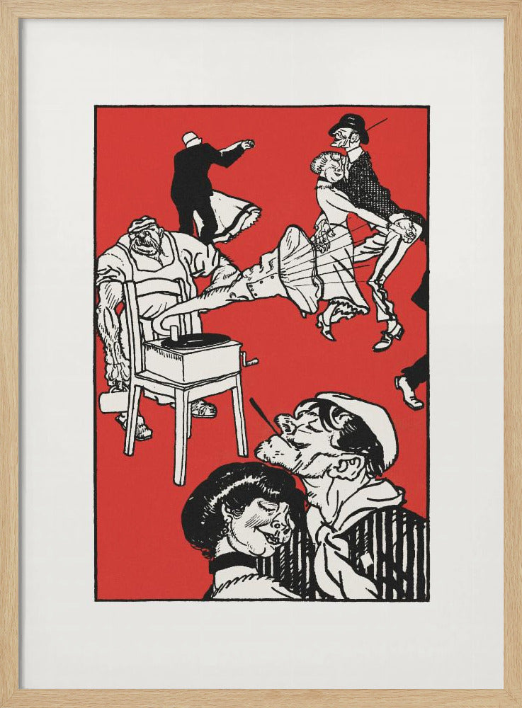 A vintage-style black and white illustration on a bright red background depicting a chaotic and lively dance scene. Several couples dance with exaggerated, energetic movements. In the foreground, a sailor with a cigarette gets close to a woman, and to the left, a large, muscular man operates a record player that is sitting on a chair. Wall Art