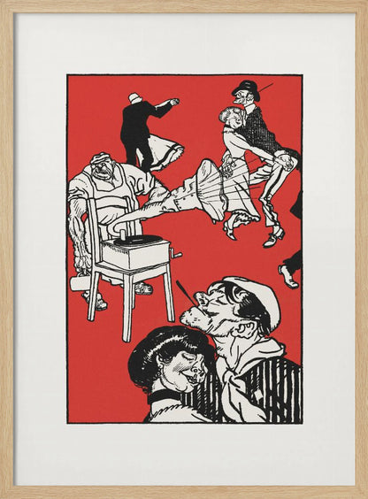 A vintage-style black and white illustration on a bright red background depicting a chaotic and lively dance scene. Several couples dance with exaggerated, energetic movements. In the foreground, a sailor with a cigarette gets close to a woman, and to the left, a large, muscular man operates a record player that is sitting on a chair. Wall Art