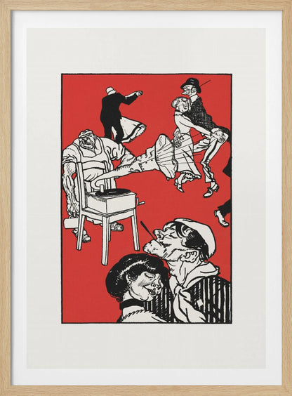 A vintage-style black and white illustration on a bright red background depicting a chaotic and lively dance scene. Several couples dance with exaggerated, energetic movements. In the foreground, a sailor with a cigarette gets close to a woman, and to the left, a large, muscular man operates a record player that is sitting on a chair. Wall Art