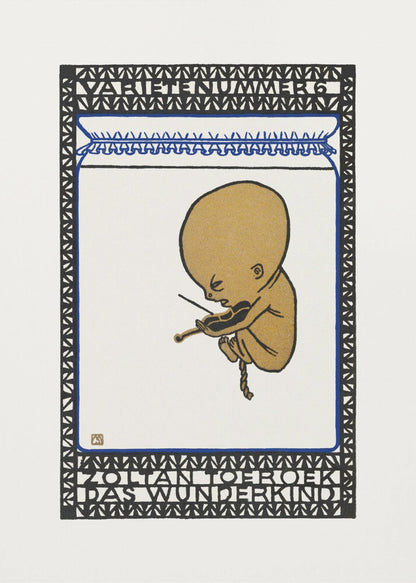A vintage poster in a black frame, featuring a stylized golden fetus-like figure playing a small violin while floating against a white background. The illustration is contained within a decorative border of black and blue geometric patterns with text at the top and bottom reading 'VARIETENUMMER 6' and 'ZOLTAN TOEROEK DAS WUNDERKIND'. Poster