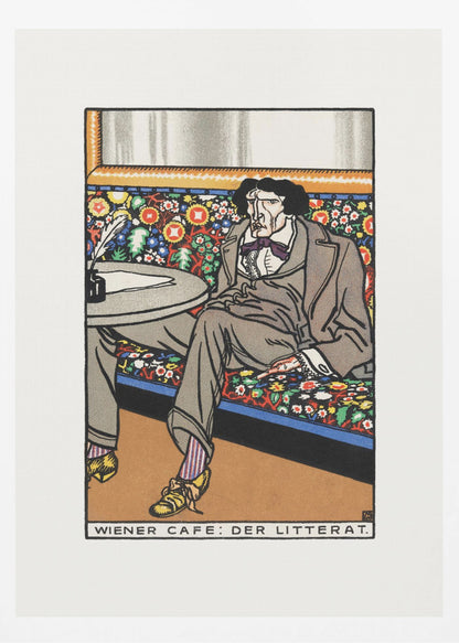 A framed art print titled 'Wiener Cafe: Der Litterat', depicting a stylized illustration of a writer in a Viennese cafe. The man, with a gaunt face and dark hair, sits on a brightly colored, floral-patterned bench, wearing a grey suit, striped socks, and yellow shoes. A table beside him holds an inkwell and quill. Decor