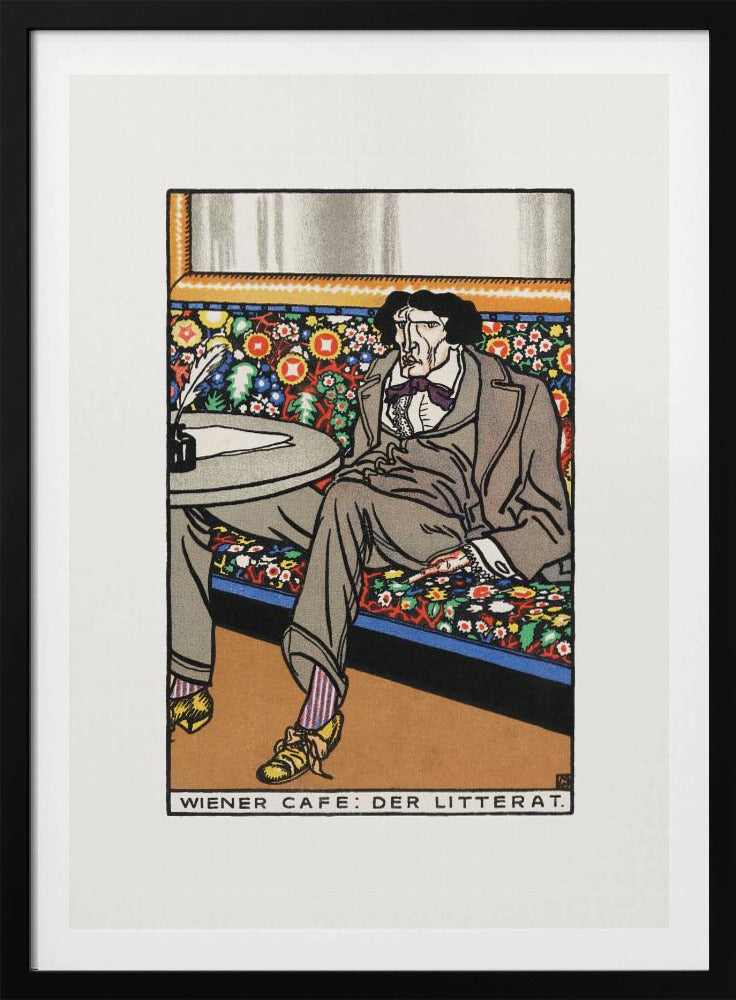 A framed art print titled 'Wiener Cafe: Der Litterat', depicting a stylized illustration of a writer in a Viennese cafe. The man, with a gaunt face and dark hair, sits on a brightly colored, floral-patterned bench, wearing a grey suit, striped socks, and yellow shoes. A table beside him holds an inkwell and quill. Decor