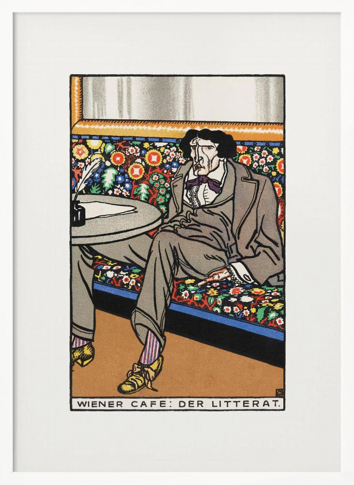 A framed art print titled 'Wiener Cafe: Der Litterat', depicting a stylized illustration of a writer in a Viennese cafe. The man, with a gaunt face and dark hair, sits on a brightly colored, floral-patterned bench, wearing a grey suit, striped socks, and yellow shoes. A table beside him holds an inkwell and quill. Decor