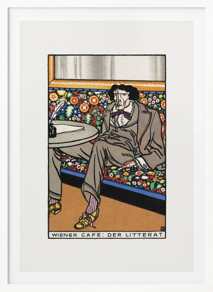 A framed art print titled 'Wiener Cafe: Der Litterat', depicting a stylized illustration of a writer in a Viennese cafe. The man, with a gaunt face and dark hair, sits on a brightly colored, floral-patterned bench, wearing a grey suit, striped socks, and yellow shoes. A table beside him holds an inkwell and quill. Decor