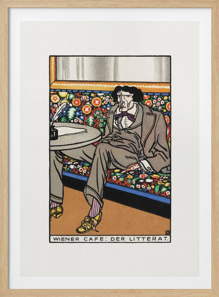 A framed art print titled 'Wiener Cafe: Der Litterat', depicting a stylized illustration of a writer in a Viennese cafe. The man, with a gaunt face and dark hair, sits on a brightly colored, floral-patterned bench, wearing a grey suit, striped socks, and yellow shoes. A table beside him holds an inkwell and quill. Decor