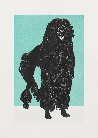 A framed block print of a black corded poodle standing in profile against a solid teal background. The dog's textured, shaggy coat is depicted in black ink with fine white lines creating detail. The artwork is surrounded by a white mat and a simple black frame. Artwork