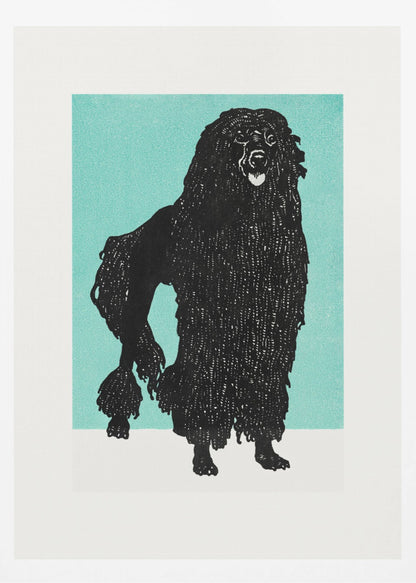 A framed block print of a black corded poodle standing in profile against a solid teal background. The dog's textured, shaggy coat is depicted in black ink with fine white lines creating detail. The artwork is surrounded by a white mat and a simple black frame. Artwork