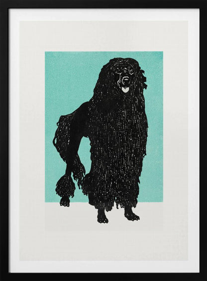A framed block print of a black corded poodle standing in profile against a solid teal background. The dog's textured, shaggy coat is depicted in black ink with fine white lines creating detail. The artwork is surrounded by a white mat and a simple black frame. Artwork