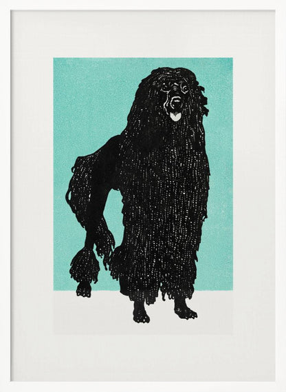 A framed block print of a black corded poodle standing in profile against a solid teal background. The dog's textured, shaggy coat is depicted in black ink with fine white lines creating detail. The artwork is surrounded by a white mat and a simple black frame. Artwork