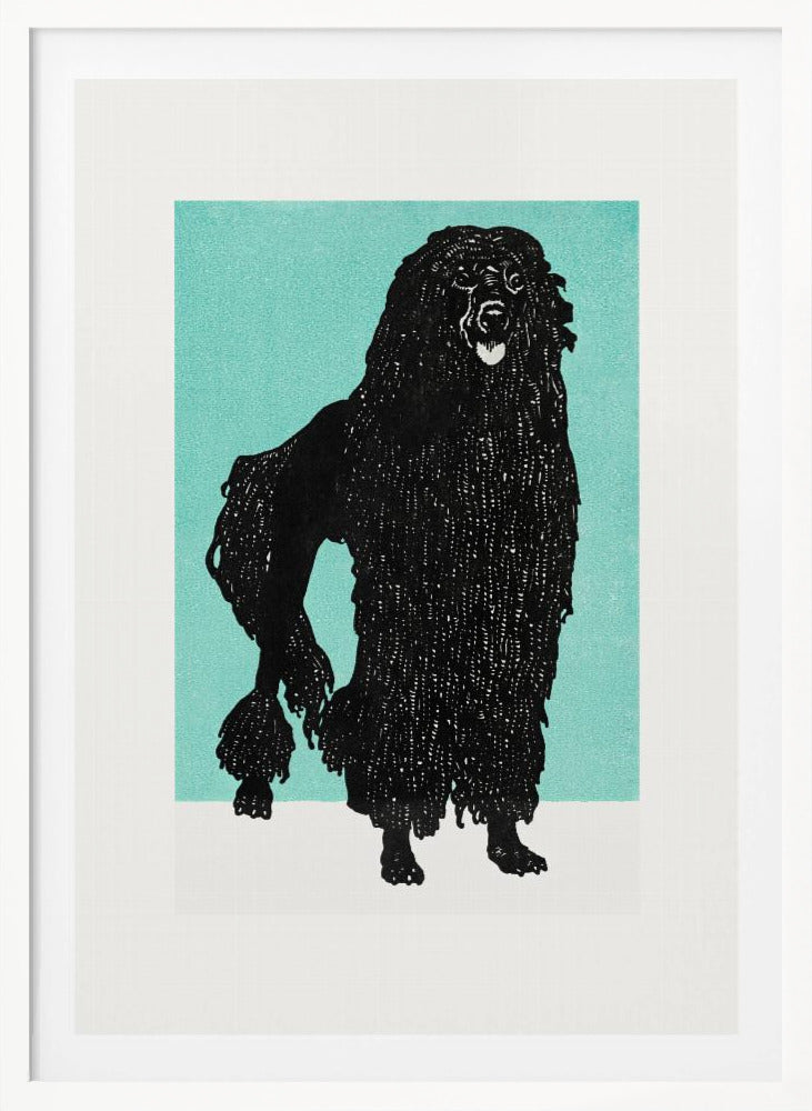 A framed block print of a black corded poodle standing in profile against a solid teal background. The dog's textured, shaggy coat is depicted in black ink with fine white lines creating detail. The artwork is surrounded by a white mat and a simple black frame. Artwork