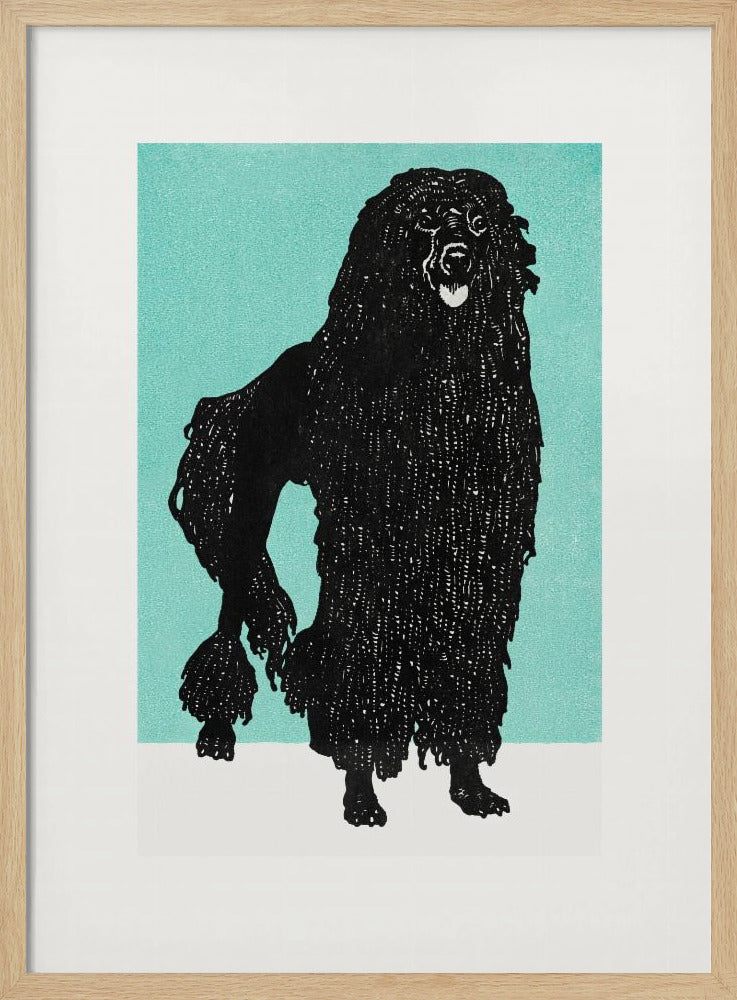 A framed block print of a black corded poodle standing in profile against a solid teal background. The dog's textured, shaggy coat is depicted in black ink with fine white lines creating detail. The artwork is surrounded by a white mat and a simple black frame. Artwork