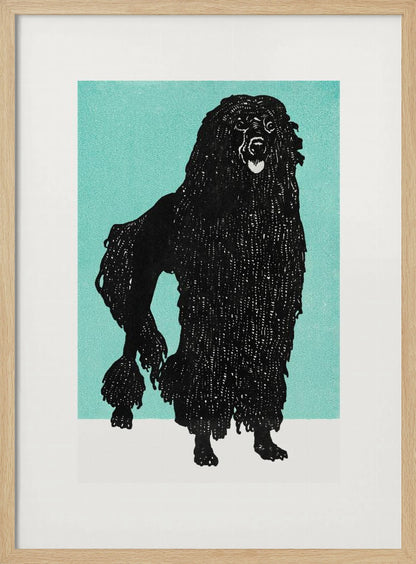 A framed block print of a black corded poodle standing in profile against a solid teal background. The dog's textured, shaggy coat is depicted in black ink with fine white lines creating detail. The artwork is surrounded by a white mat and a simple black frame. Artwork