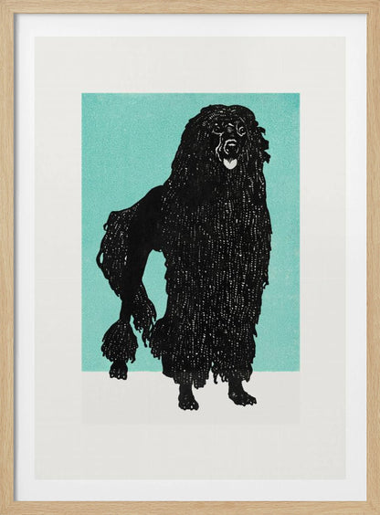 A framed block print of a black corded poodle standing in profile against a solid teal background. The dog's textured, shaggy coat is depicted in black ink with fine white lines creating detail. The artwork is surrounded by a white mat and a simple black frame. Artwork