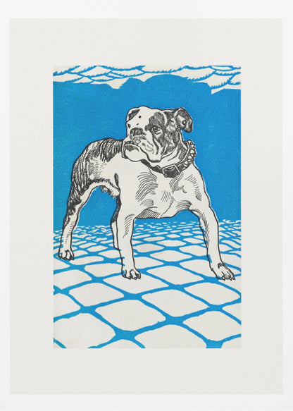 A framed graphic illustration of an English bulldog. The dog is white with black line-art details and stands on a white tiled floor outlined in blue. The background is a solid, bright blue, creating a bold and stylized look. Decor