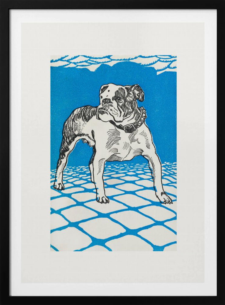 A framed graphic illustration of an English bulldog. The dog is white with black line-art details and stands on a white tiled floor outlined in blue. The background is a solid, bright blue, creating a bold and stylized look. Decor