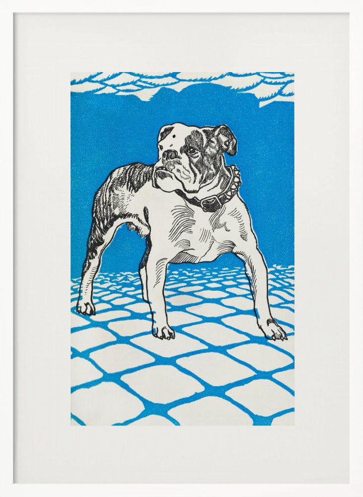 A framed graphic illustration of an English bulldog. The dog is white with black line-art details and stands on a white tiled floor outlined in blue. The background is a solid, bright blue, creating a bold and stylized look. Decor