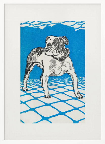 A framed graphic illustration of an English bulldog. The dog is white with black line-art details and stands on a white tiled floor outlined in blue. The background is a solid, bright blue, creating a bold and stylized look. Decor