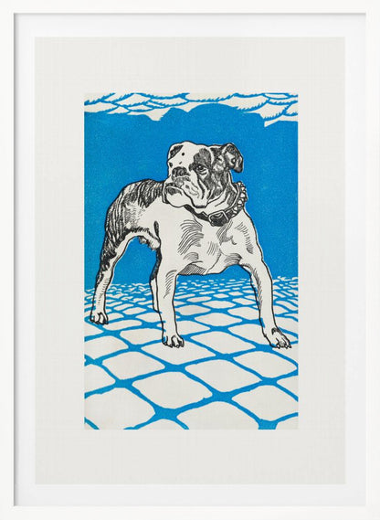 A framed graphic illustration of an English bulldog. The dog is white with black line-art details and stands on a white tiled floor outlined in blue. The background is a solid, bright blue, creating a bold and stylized look. Decor