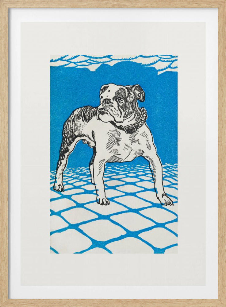 A framed graphic illustration of an English bulldog. The dog is white with black line-art details and stands on a white tiled floor outlined in blue. The background is a solid, bright blue, creating a bold and stylized look. Decor