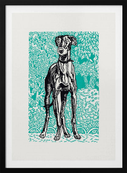 A framed linocut-style print of a black and white greyhound standing alert against a vibrant teal background patterned with stylized trees and foliage. Poster