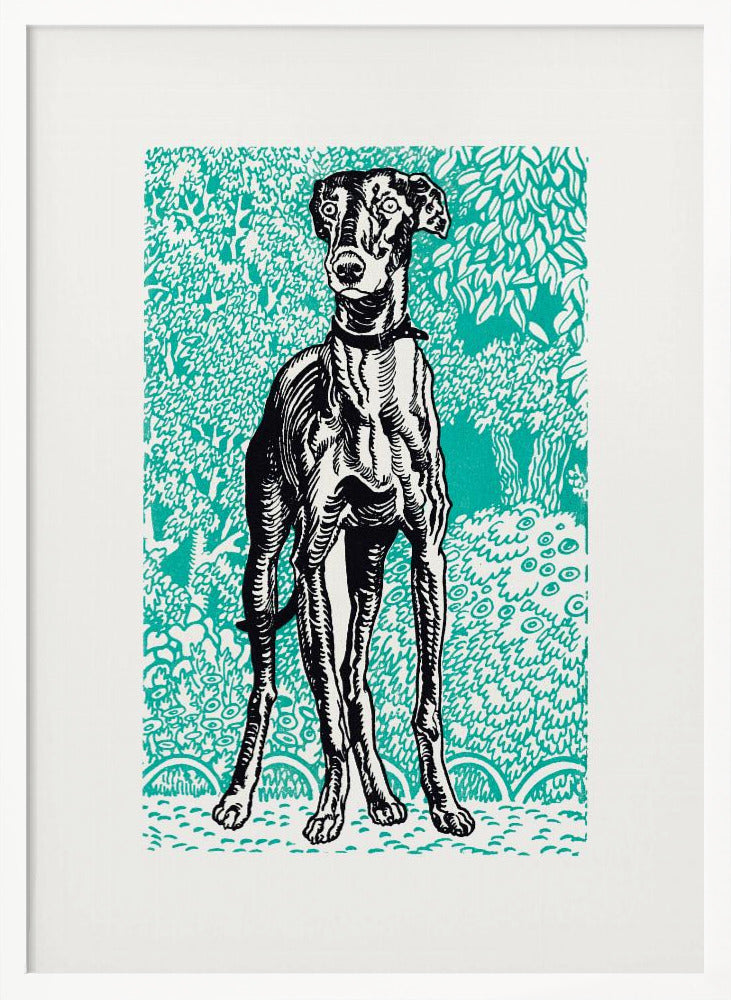 A framed linocut-style print of a black and white greyhound standing alert against a vibrant teal background patterned with stylized trees and foliage. Poster
