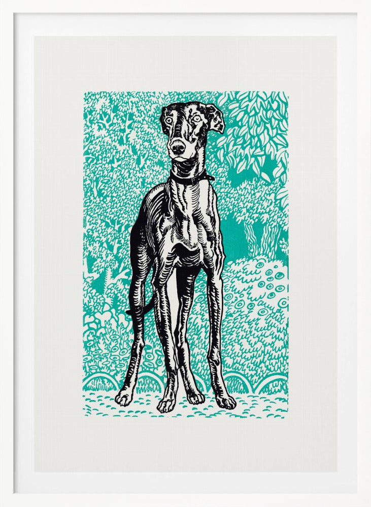 A framed linocut-style print of a black and white greyhound standing alert against a vibrant teal background patterned with stylized trees and foliage. Poster