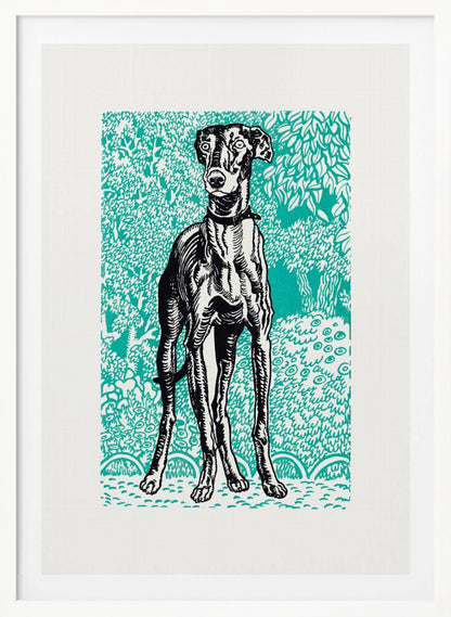 A framed linocut-style print of a black and white greyhound standing alert against a vibrant teal background patterned with stylized trees and foliage. Poster