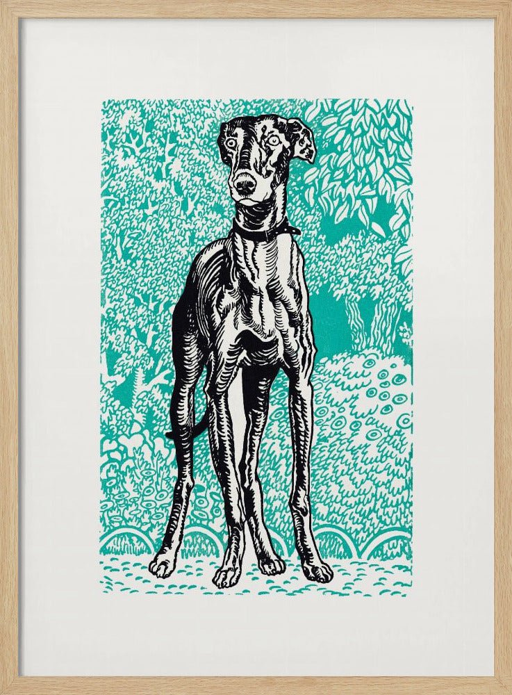A framed linocut-style print of a black and white greyhound standing alert against a vibrant teal background patterned with stylized trees and foliage. Poster