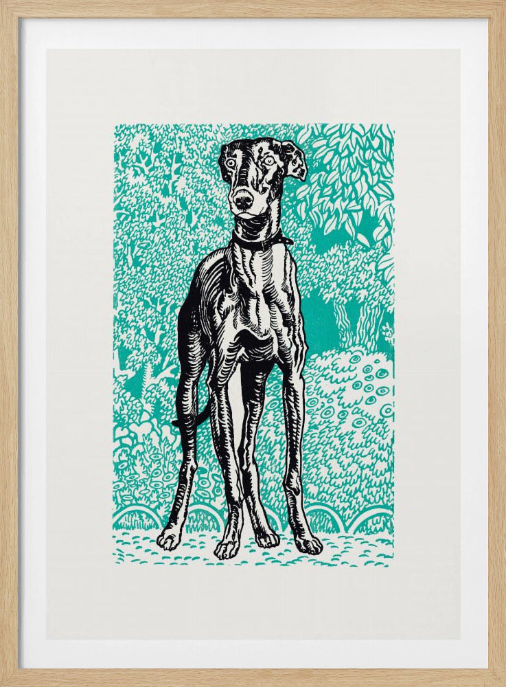 A framed linocut-style print of a black and white greyhound standing alert against a vibrant teal background patterned with stylized trees and foliage. Poster