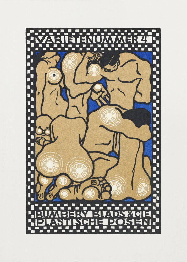A vintage Art Nouveau style poster featuring stylized nude figures in various poses against a vibrant blue background. The figures are tan with thick black outlines and white concentric circles on their joints and bodies. The artwork is framed by a black and white checkered border with text at the top reading 'VARIETENUMMER 4' and at the bottom 'BUMBERY BLADS & CIE PLASTISCHE POSEN'. Artwork