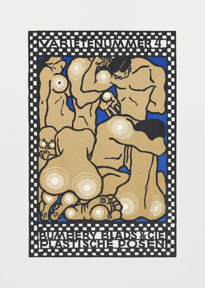 A vintage Art Nouveau style poster featuring stylized nude figures in various poses against a vibrant blue background. The figures are tan with thick black outlines and white concentric circles on their joints and bodies. The artwork is framed by a black and white checkered border with text at the top reading 'VARIETENUMMER 4' and at the bottom 'BUMBERY BLADS & CIE PLASTISCHE POSEN'. Artwork
