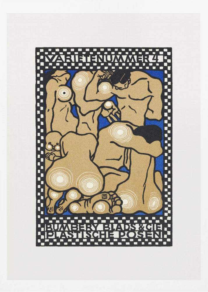 A vintage Art Nouveau style poster featuring stylized nude figures in various poses against a vibrant blue background. The figures are tan with thick black outlines and white concentric circles on their joints and bodies. The artwork is framed by a black and white checkered border with text at the top reading 'VARIETENUMMER 4' and at the bottom 'BUMBERY BLADS & CIE PLASTISCHE POSEN'. Artwork