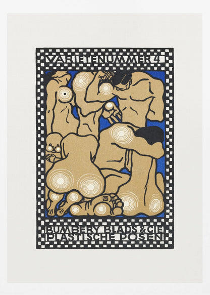 A vintage Art Nouveau style poster featuring stylized nude figures in various poses against a vibrant blue background. The figures are tan with thick black outlines and white concentric circles on their joints and bodies. The artwork is framed by a black and white checkered border with text at the top reading 'VARIETENUMMER 4' and at the bottom 'BUMBERY BLADS & CIE PLASTISCHE POSEN'. Artwork