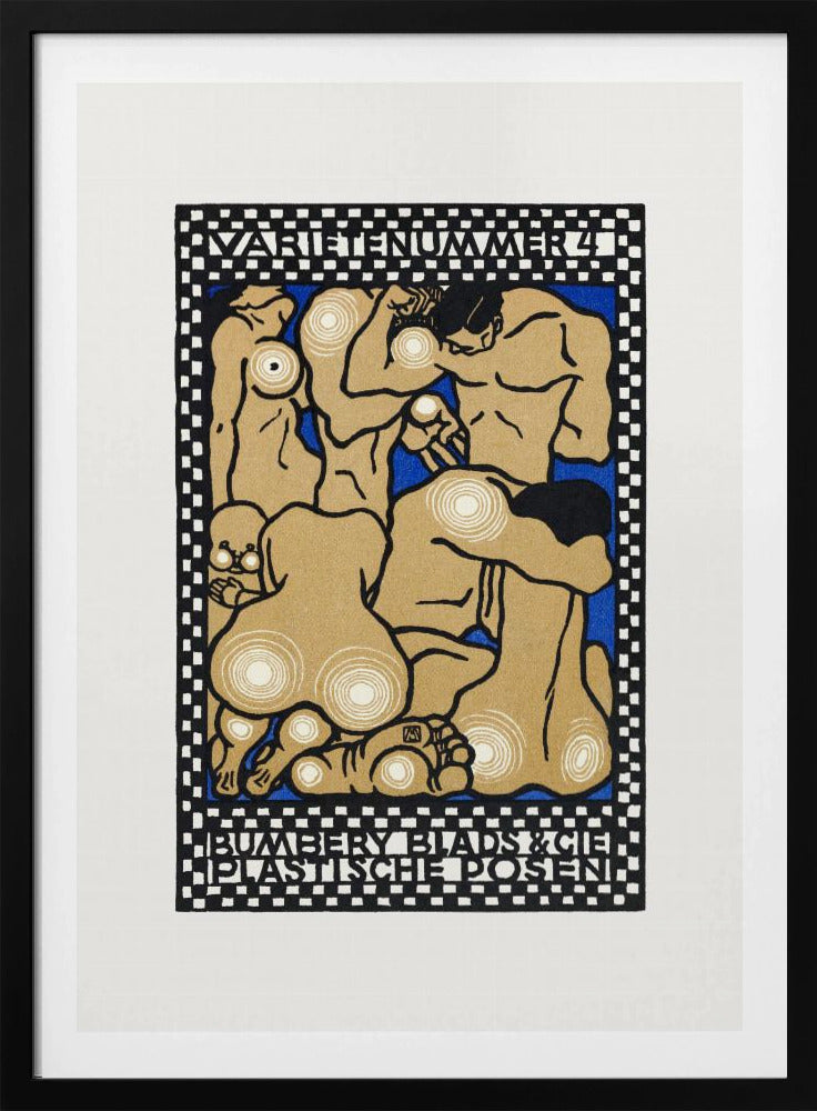 A vintage Art Nouveau style poster featuring stylized nude figures in various poses against a vibrant blue background. The figures are tan with thick black outlines and white concentric circles on their joints and bodies. The artwork is framed by a black and white checkered border with text at the top reading 'VARIETENUMMER 4' and at the bottom 'BUMBERY BLADS & CIE PLASTISCHE POSEN'. Artwork