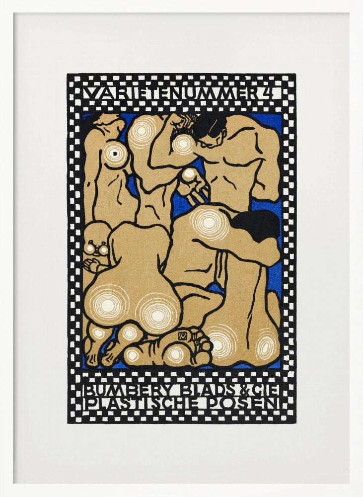 A vintage Art Nouveau style poster featuring stylized nude figures in various poses against a vibrant blue background. The figures are tan with thick black outlines and white concentric circles on their joints and bodies. The artwork is framed by a black and white checkered border with text at the top reading 'VARIETENUMMER 4' and at the bottom 'BUMBERY BLADS & CIE PLASTISCHE POSEN'. Artwork