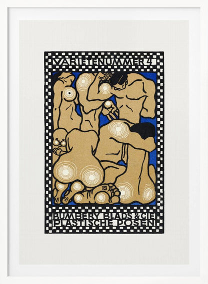 A vintage Art Nouveau style poster featuring stylized nude figures in various poses against a vibrant blue background. The figures are tan with thick black outlines and white concentric circles on their joints and bodies. The artwork is framed by a black and white checkered border with text at the top reading 'VARIETENUMMER 4' and at the bottom 'BUMBERY BLADS & CIE PLASTISCHE POSEN'. Artwork