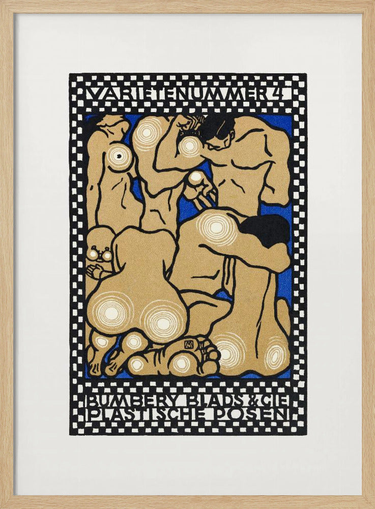 A vintage Art Nouveau style poster featuring stylized nude figures in various poses against a vibrant blue background. The figures are tan with thick black outlines and white concentric circles on their joints and bodies. The artwork is framed by a black and white checkered border with text at the top reading 'VARIETENUMMER 4' and at the bottom 'BUMBERY BLADS & CIE PLASTISCHE POSEN'. Artwork
