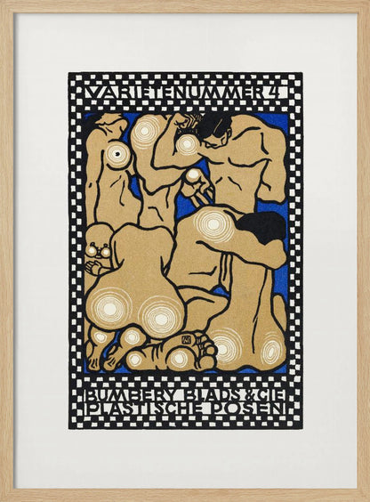 A vintage Art Nouveau style poster featuring stylized nude figures in various poses against a vibrant blue background. The figures are tan with thick black outlines and white concentric circles on their joints and bodies. The artwork is framed by a black and white checkered border with text at the top reading 'VARIETENUMMER 4' and at the bottom 'BUMBERY BLADS & CIE PLASTISCHE POSEN'. Artwork