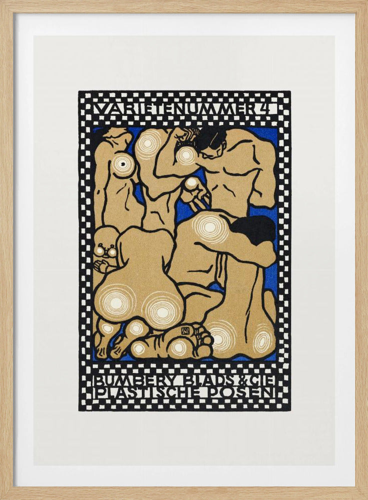 A vintage Art Nouveau style poster featuring stylized nude figures in various poses against a vibrant blue background. The figures are tan with thick black outlines and white concentric circles on their joints and bodies. The artwork is framed by a black and white checkered border with text at the top reading 'VARIETENUMMER 4' and at the bottom 'BUMBERY BLADS & CIE PLASTISCHE POSEN'. Artwork