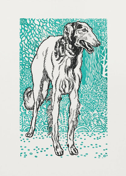 A framed graphic art print featuring a black and white illustration of a slender Borzoi dog. The dog stands facing right against a vibrant teal background with a dense, leafy pattern. The style resembles a linocut or woodblock print. Wall Art