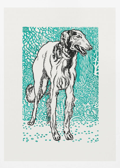 A framed graphic art print featuring a black and white illustration of a slender Borzoi dog. The dog stands facing right against a vibrant teal background with a dense, leafy pattern. The style resembles a linocut or woodblock print. Wall Art