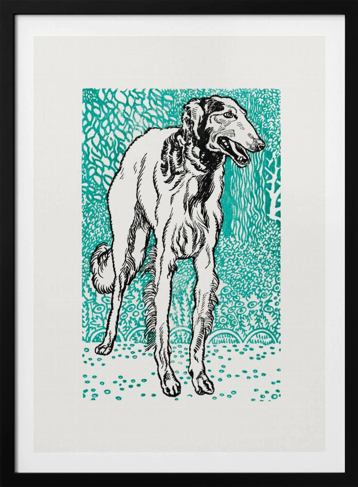 A framed graphic art print featuring a black and white illustration of a slender Borzoi dog. The dog stands facing right against a vibrant teal background with a dense, leafy pattern. The style resembles a linocut or woodblock print. Wall Art
