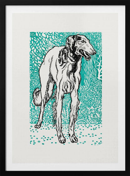A framed graphic art print featuring a black and white illustration of a slender Borzoi dog. The dog stands facing right against a vibrant teal background with a dense, leafy pattern. The style resembles a linocut or woodblock print. Wall Art