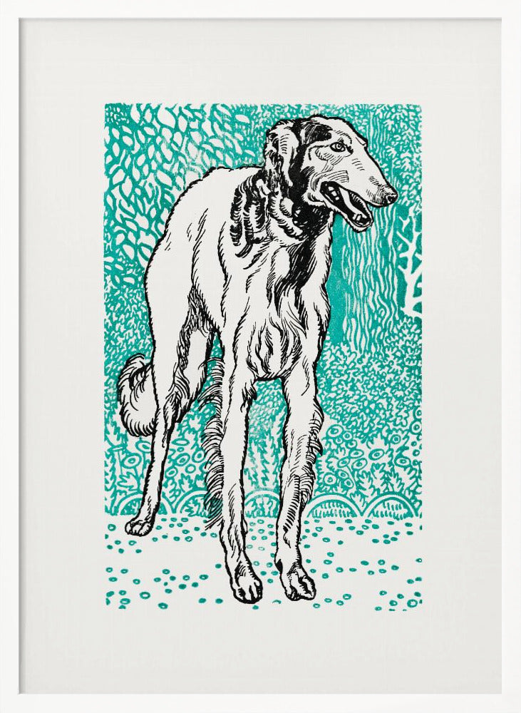 A framed graphic art print featuring a black and white illustration of a slender Borzoi dog. The dog stands facing right against a vibrant teal background with a dense, leafy pattern. The style resembles a linocut or woodblock print. Wall Art