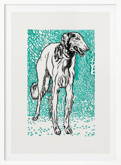A framed graphic art print featuring a black and white illustration of a slender Borzoi dog. The dog stands facing right against a vibrant teal background with a dense, leafy pattern. The style resembles a linocut or woodblock print. Wall Art