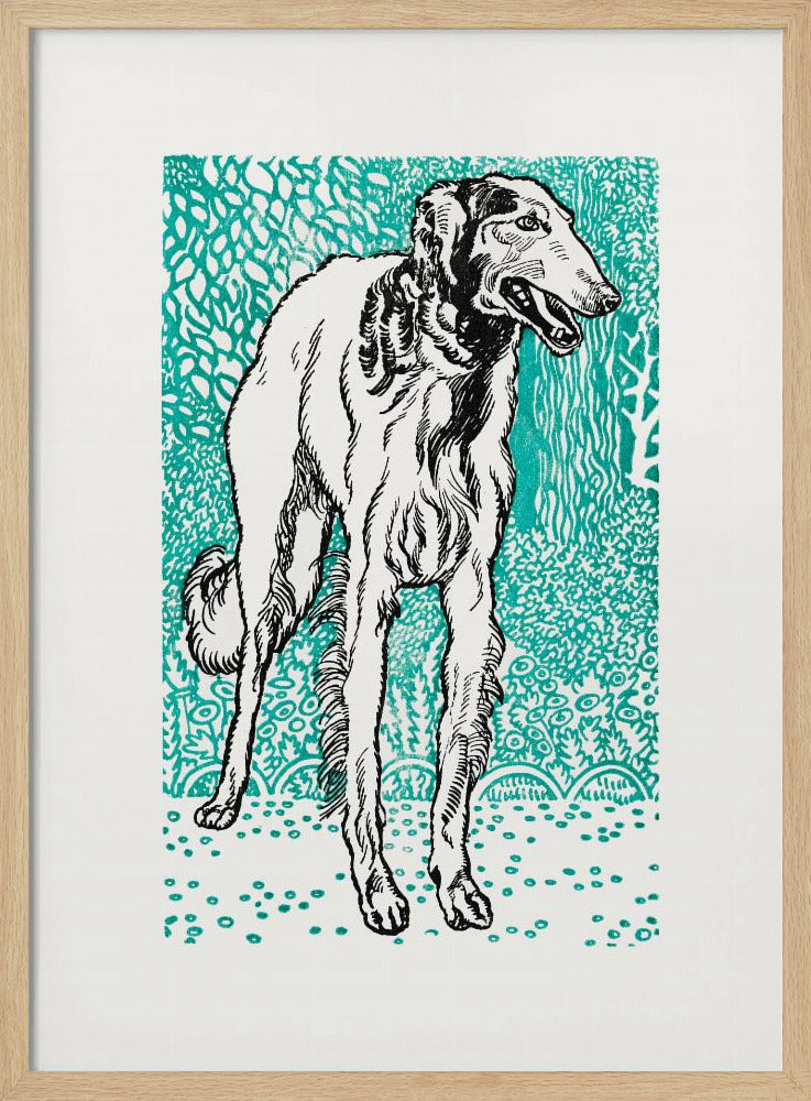 A framed graphic art print featuring a black and white illustration of a slender Borzoi dog. The dog stands facing right against a vibrant teal background with a dense, leafy pattern. The style resembles a linocut or woodblock print. Wall Art