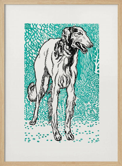 A framed graphic art print featuring a black and white illustration of a slender Borzoi dog. The dog stands facing right against a vibrant teal background with a dense, leafy pattern. The style resembles a linocut or woodblock print. Wall Art