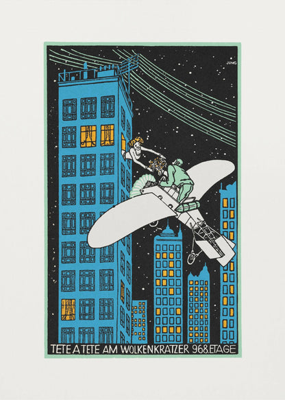 A vintage Art Deco illustration by Jung titled 'Tete a Tete am Wolkenkratzer 968.Etage'. The artwork depicts a man in a small white airplane handing a bouquet of flowers to a woman leaning out of a high-story window of a blue skyscraper against a black, starry night sky. Print